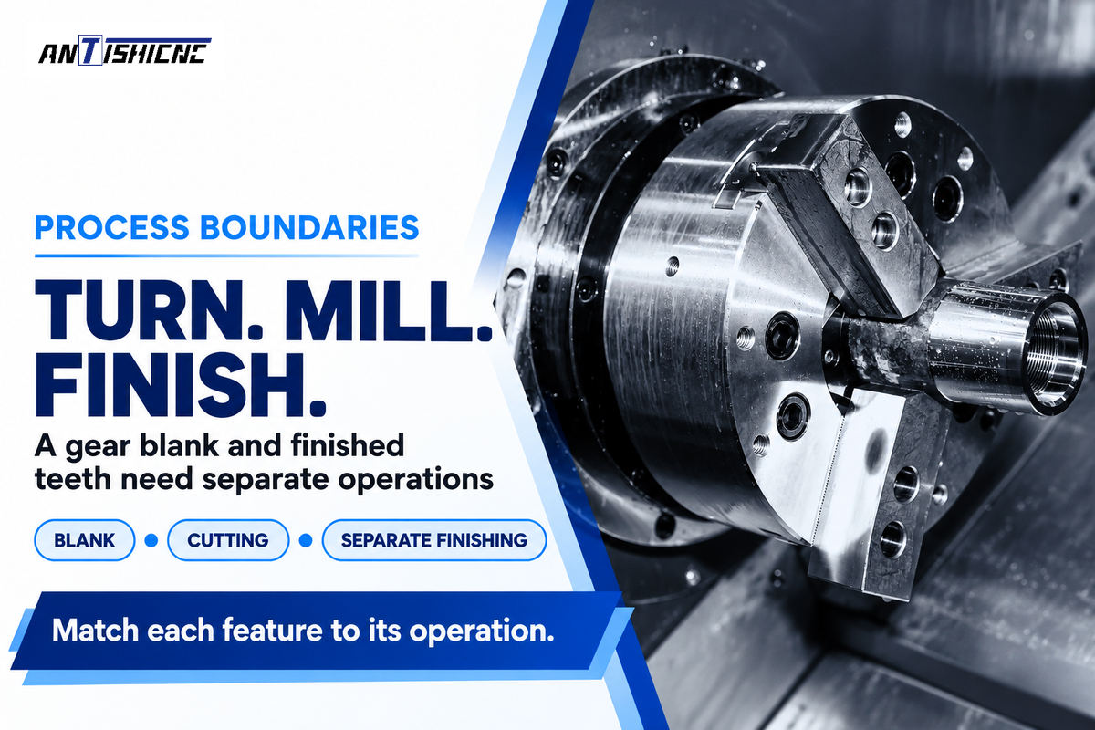 Turning makes a gear blank bore and faces; teeth require separate operations; process map and Reishauer 2022.