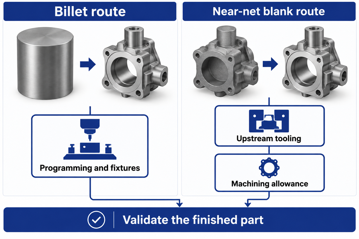 Billet and near-net routes change tooling and cutting costs; finished-part validation remains separate; SAE 2004 study.