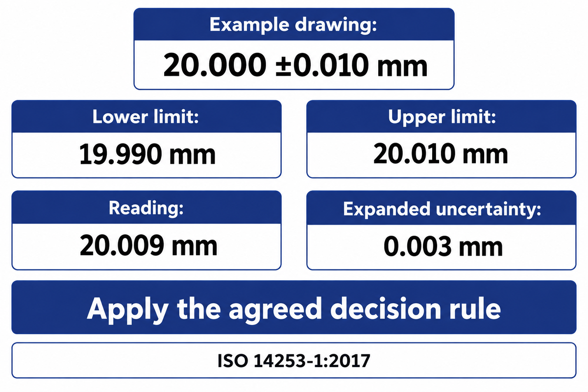A 20.009 mm reading with 0.003 mm uncertainty needs the agreed decision rule; ISO 14253-1:2017.