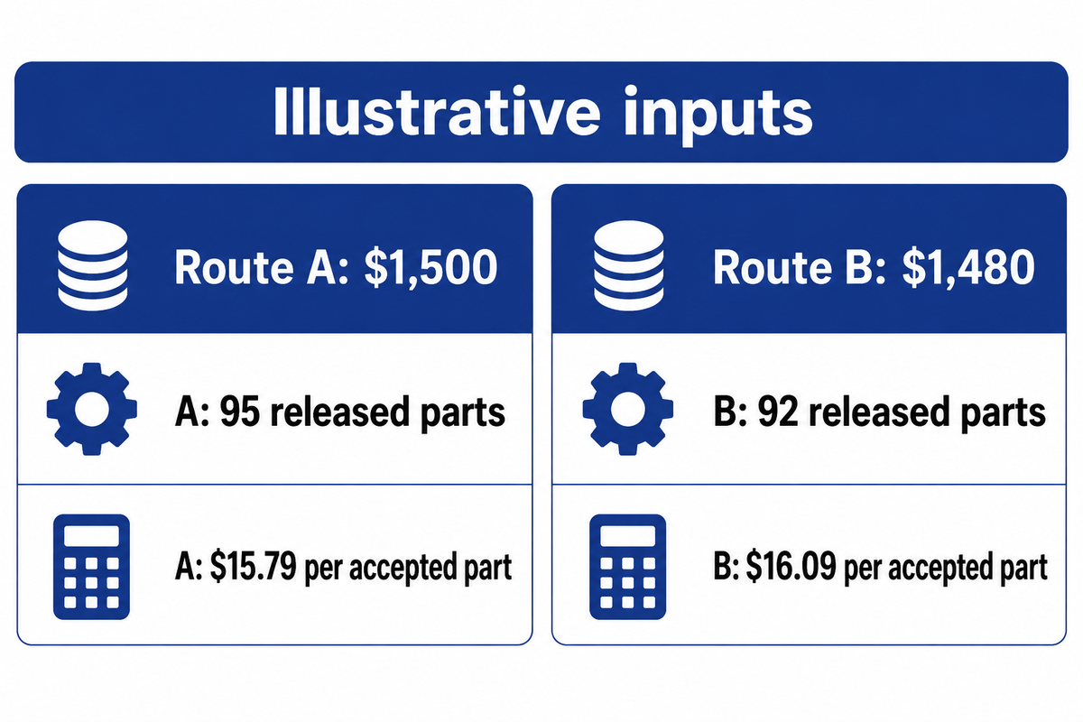 Illustrative routes cost $15.79 and $16.09 per accepted part after dividing batch cost by released quantity; worked example.