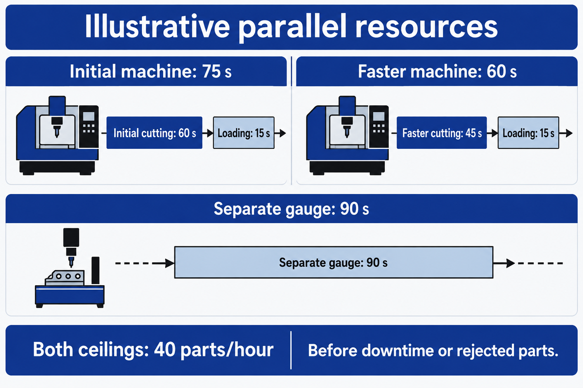 With independent overlapping resources a 90 s gauge caps both examples at 40 completions/hour before losses; worked example.