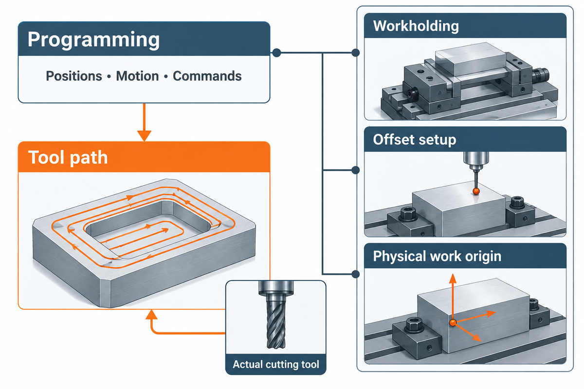 CNC Milling Programming for Beginners: From Drawing to First Cut 1 Programmed motion still needs workholding and offsets; Northern Arizona University machining guide.