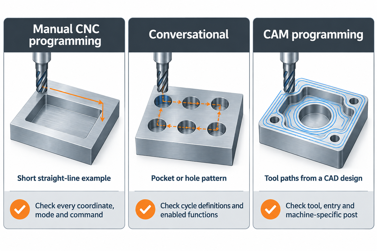 CNC Milling Programming for Beginners: From Drawing to First Cut 2 Choose manual, conversational or CAM by task and enabled cycles; McGill milling documentation.