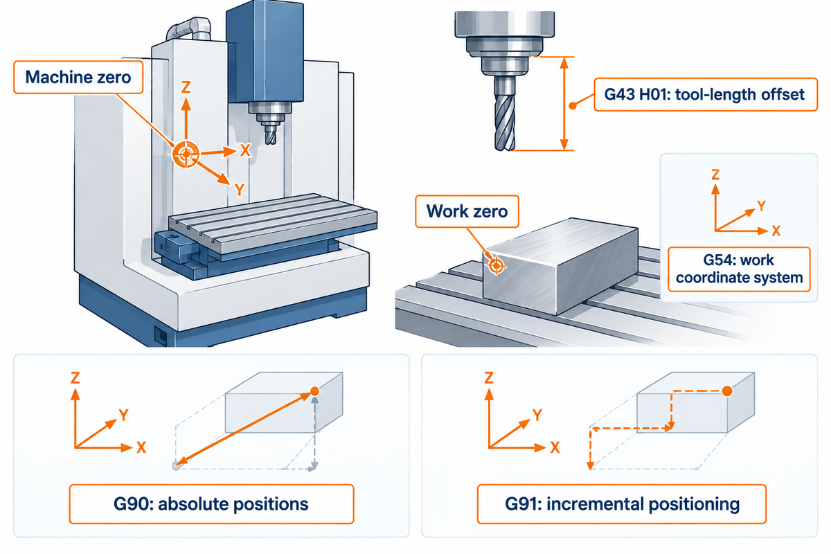 CNC Milling Programming for Beginners: From Drawing to First Cut 3 G54 locates work; G43 H01 applies tool length on the Haas teaching mill; Haas programming manual.