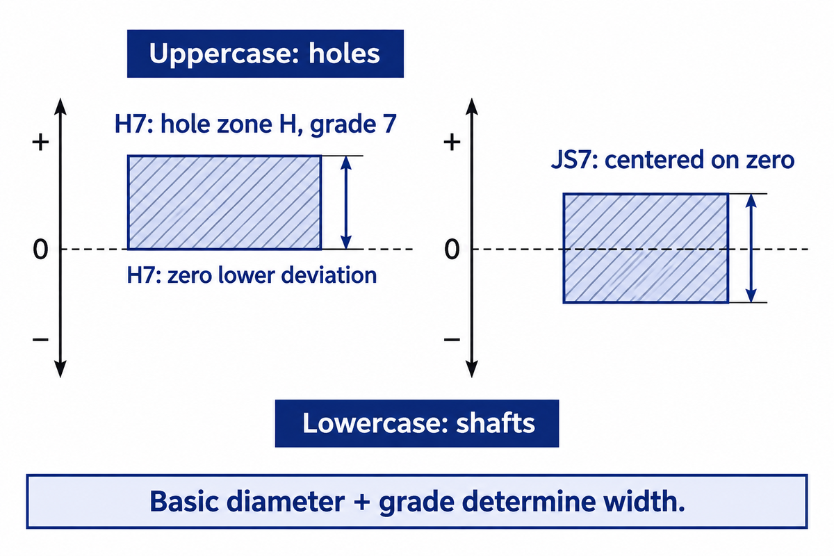 Uppercase identifies holes; the letter positions the zone and grade sets width at basic size; ISO 286.