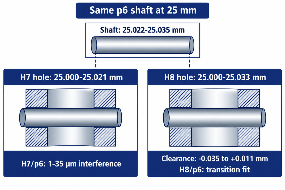 At 25 mm, H7/p6 gives 1–35 µm interference; H8/p6 permits a transition fit; RoyMech limits.
