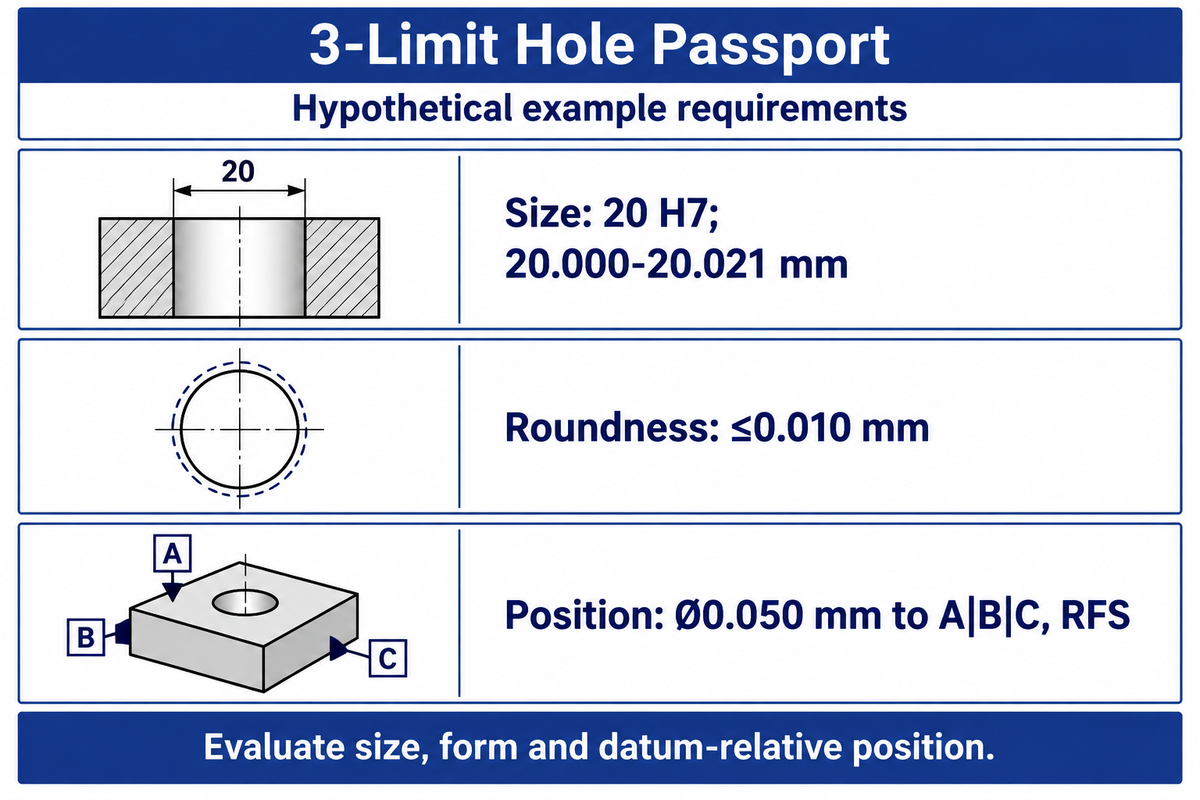 Size, roundness and datum-relative position need stated checks; completed hypothetical passport, ASME drawing guidance.