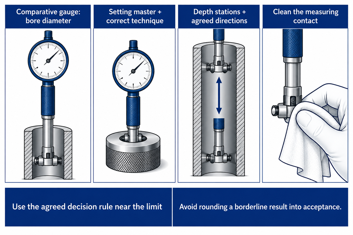 Master, measuring positions and the agreed decision rule belong in the inspection plan; Mahr and ISO 14253-1.