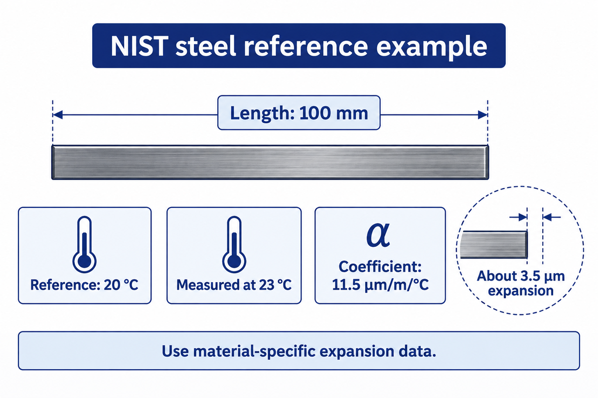 NIST’s 100 mm steel example expands about 3.5 µm from 20 to 23 °C; use the actual material coefficient.