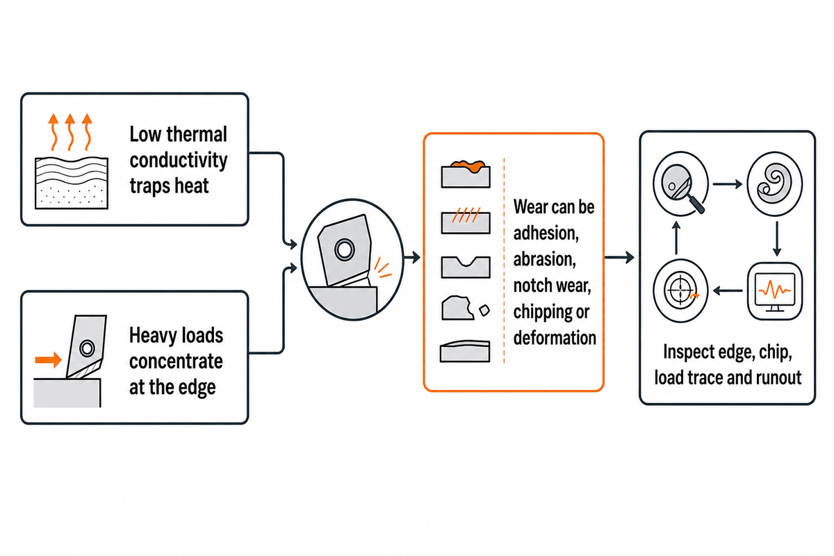 Inconel traps heat at the cutting edge; inspect wear, chips, load and runout — source: PMC7254313.