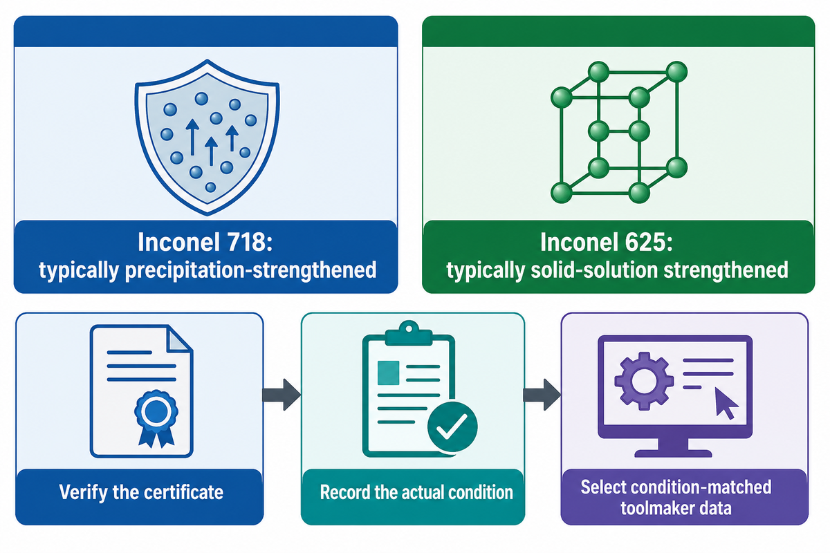 Inconel 718 and 625 need condition-matched data, not one machinability rule — source: Special Metals.