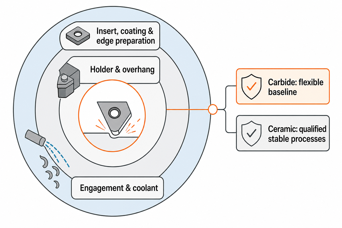 Inconel tooling works as a system of edge, holder, engagement and coolant — source: cited machining studies.