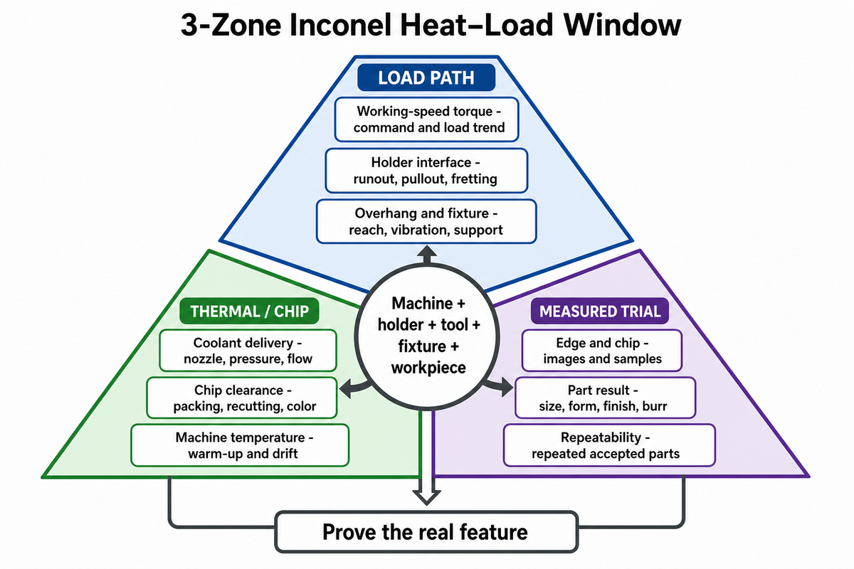Inconel capability needs load-path, thermal-chip and measured-trial evidence — source: NIST and ISO 230-3.