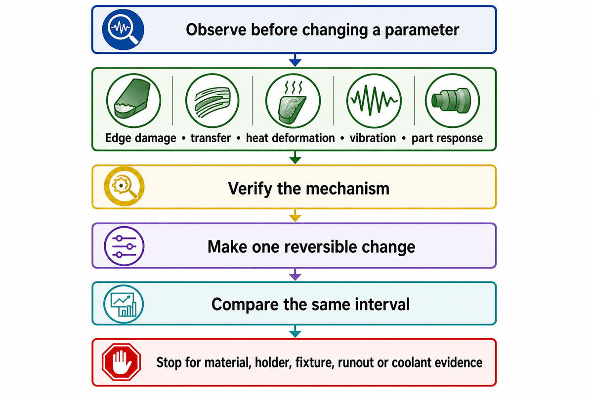 Diagnose Inconel tool wear before changing one factor; stop for setup evidence — source: cited research.