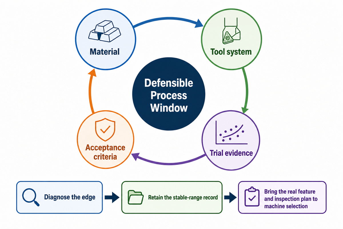 A defensible Inconel process window binds material, tooling, trials and acceptance — source: guide synthesis.