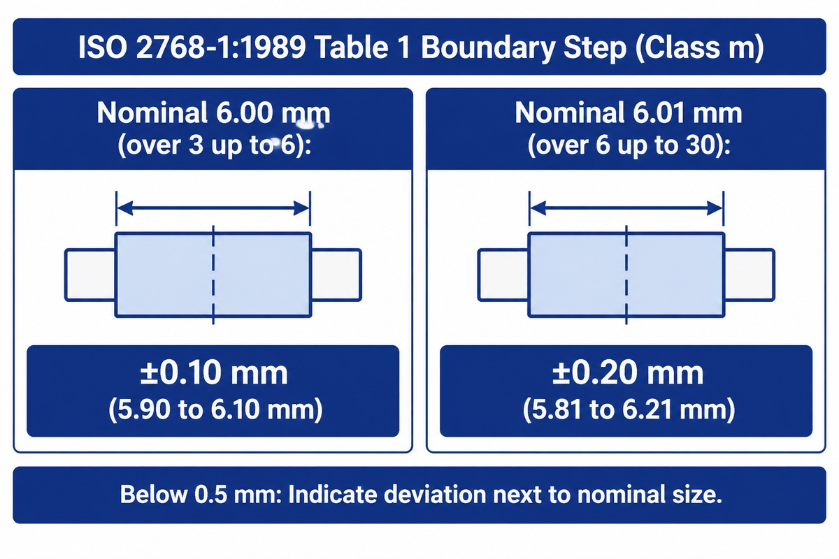 ISO 2768-1:1989 class m changes from ±0.10 at 6.00 mm to ±0.20 at 6.01 mm; Table 1 worked example.