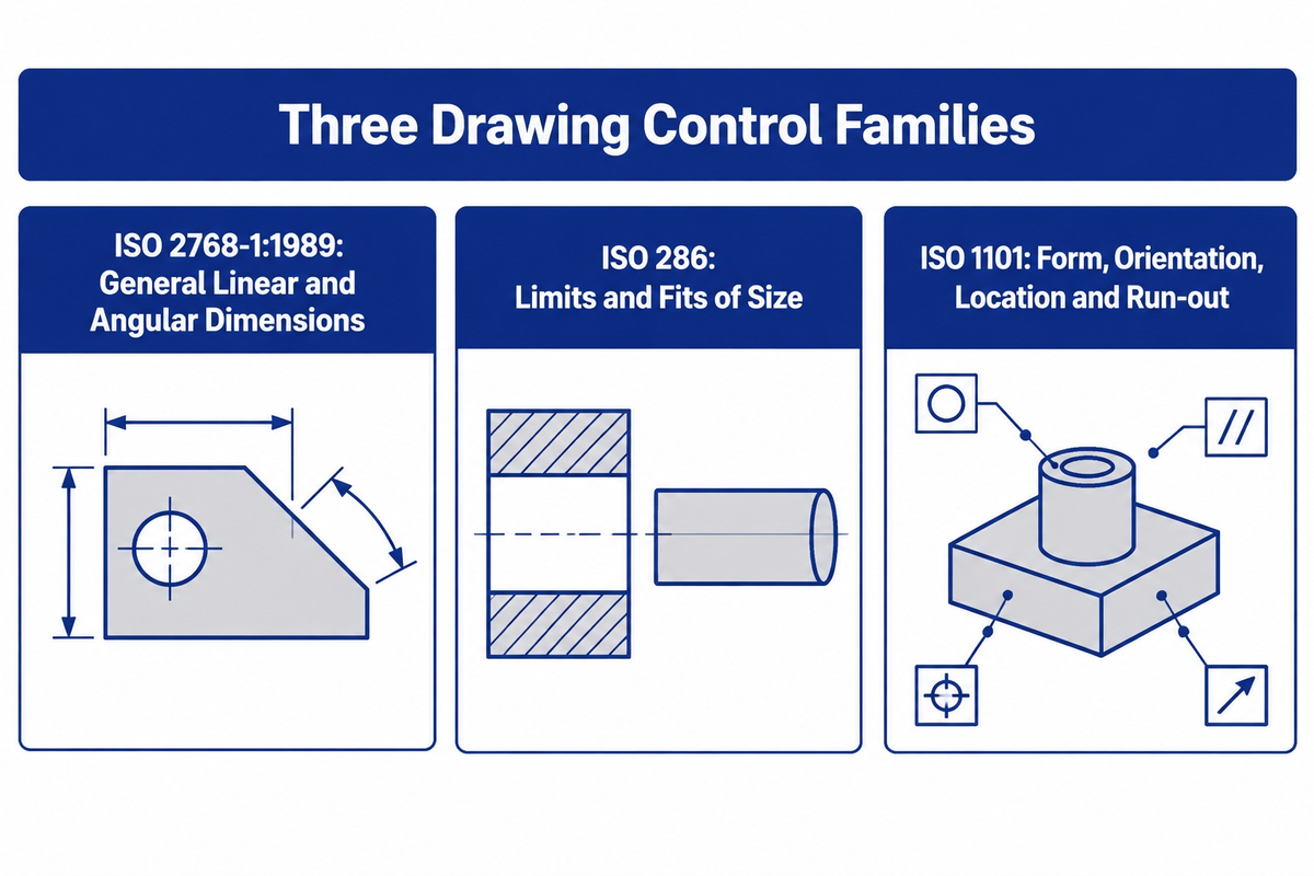 ISO 2768-1 covers general dimensions, ISO 286 covers fits, and ISO 1101 covers geometrical controls.