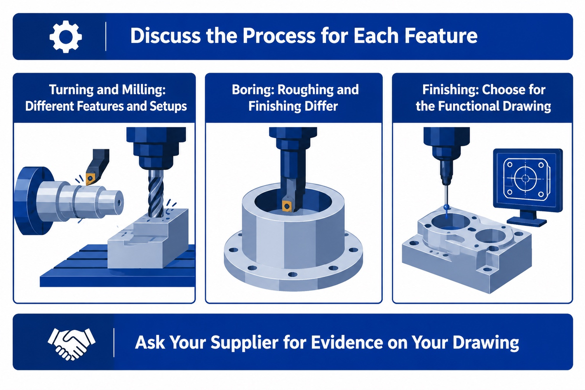 Turning, milling and boring require feature-specific process evidence; supplier guidance is not universal capability.