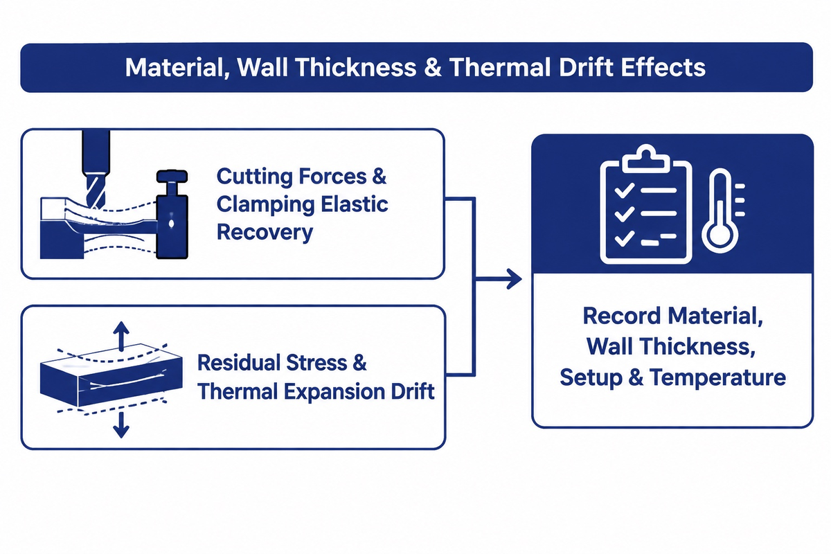 Cutting force, clamp release, residual stress and thermal drift affect thin-wall inspection; qualitative process map.