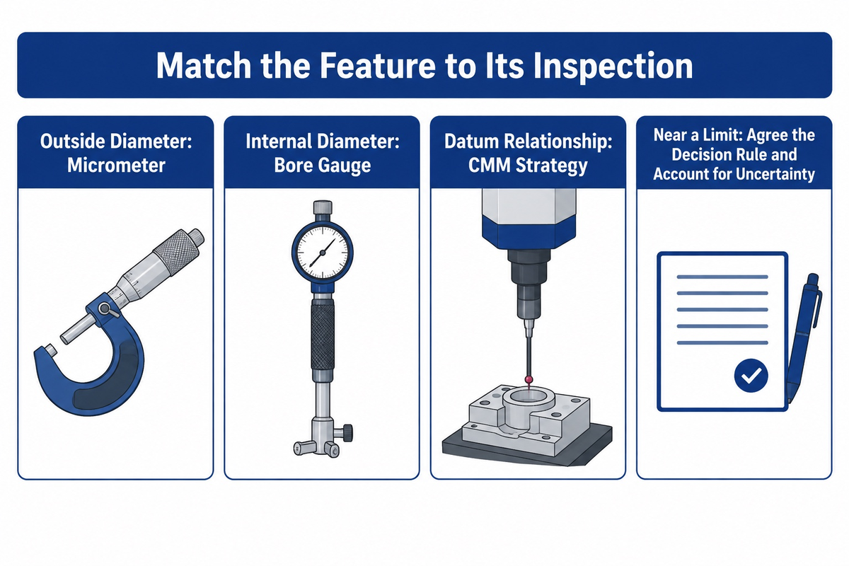 Match micrometers, bore gauges and CMM strategy to features; near-limit decisions account for uncertainty under ISO 14253-1.