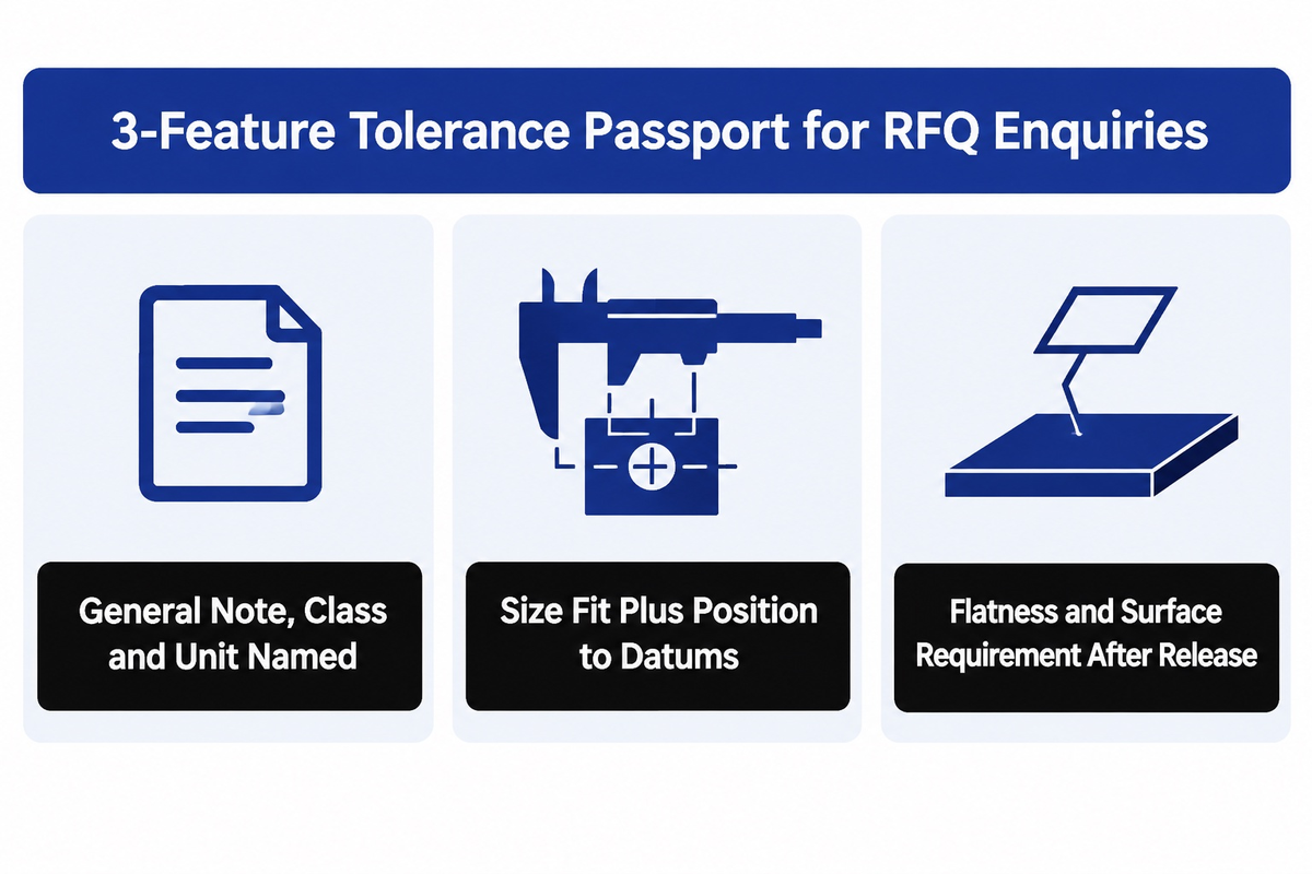 The hypothetical 3-Feature Tolerance Passport separates general notes, bore position and mounting-face requirements.