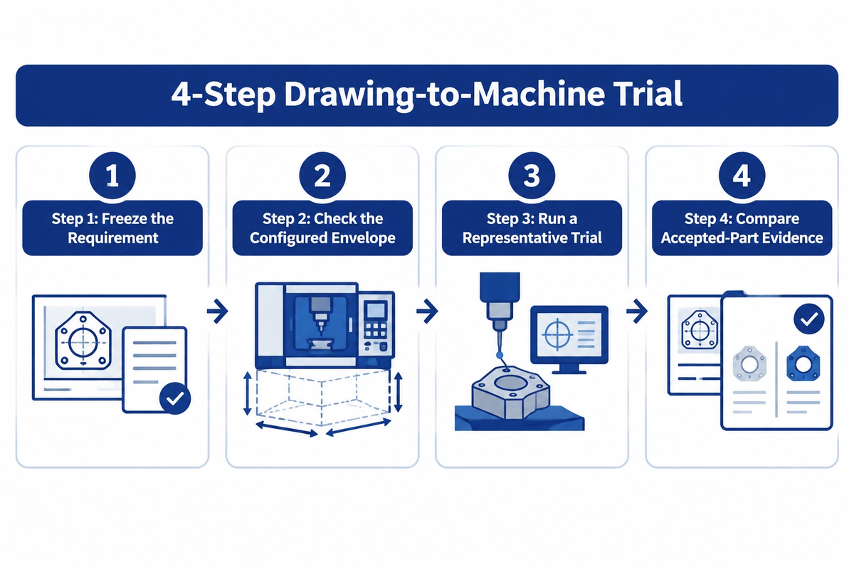 The 4-Step Drawing-to-Machine Trial fixes requirements, checks configuration, runs a trial and compares part evidence.