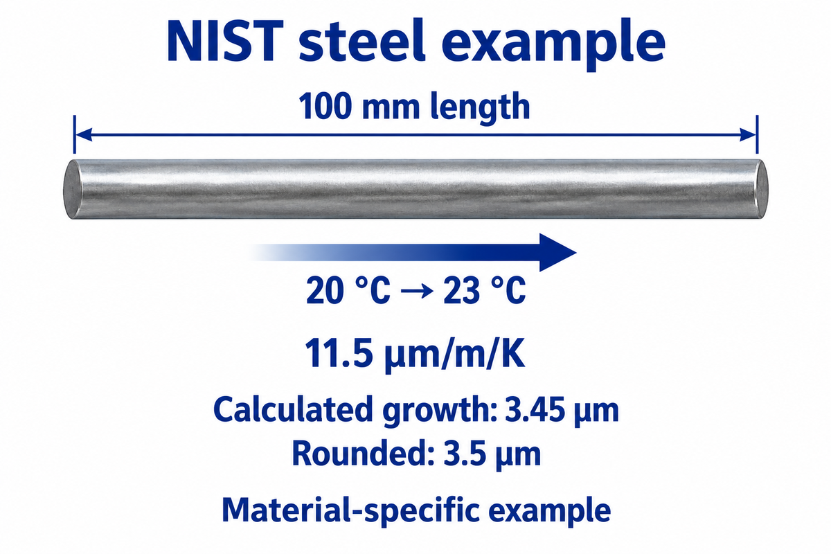 A 100 mm steel reference grows 3.45 µm from 20 to 23 °C under NIST’s example coefficient.