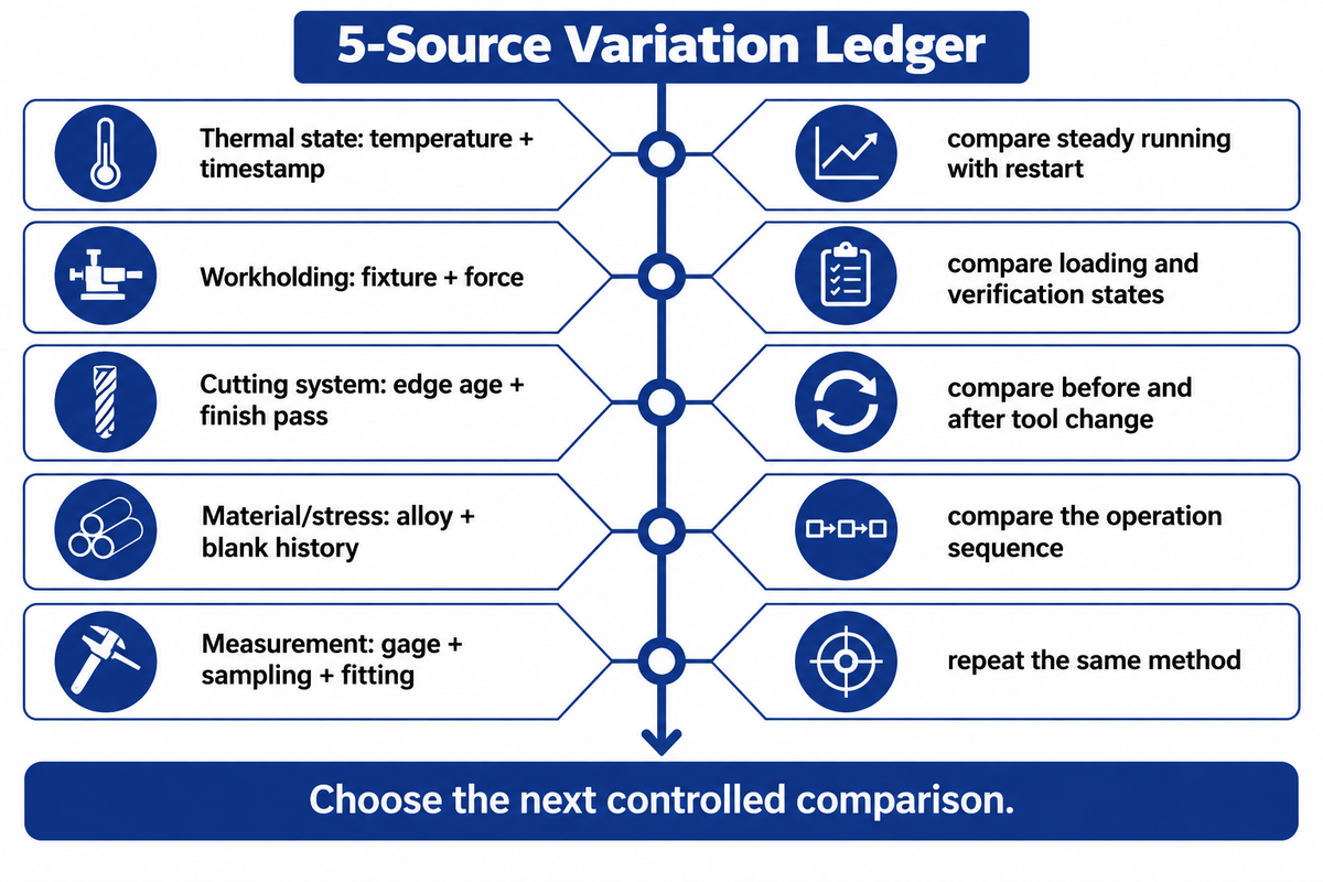 Five contributors need controlled comparisons, including drawing-specified restraint; proposed ledger, ISO 10579 context.