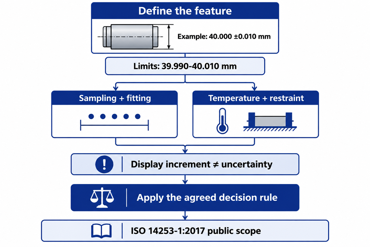 A 40.000 ±0.010 mm feature needs sampling and an uncertainty-aware decision rule; ISO 14253-1:2017.