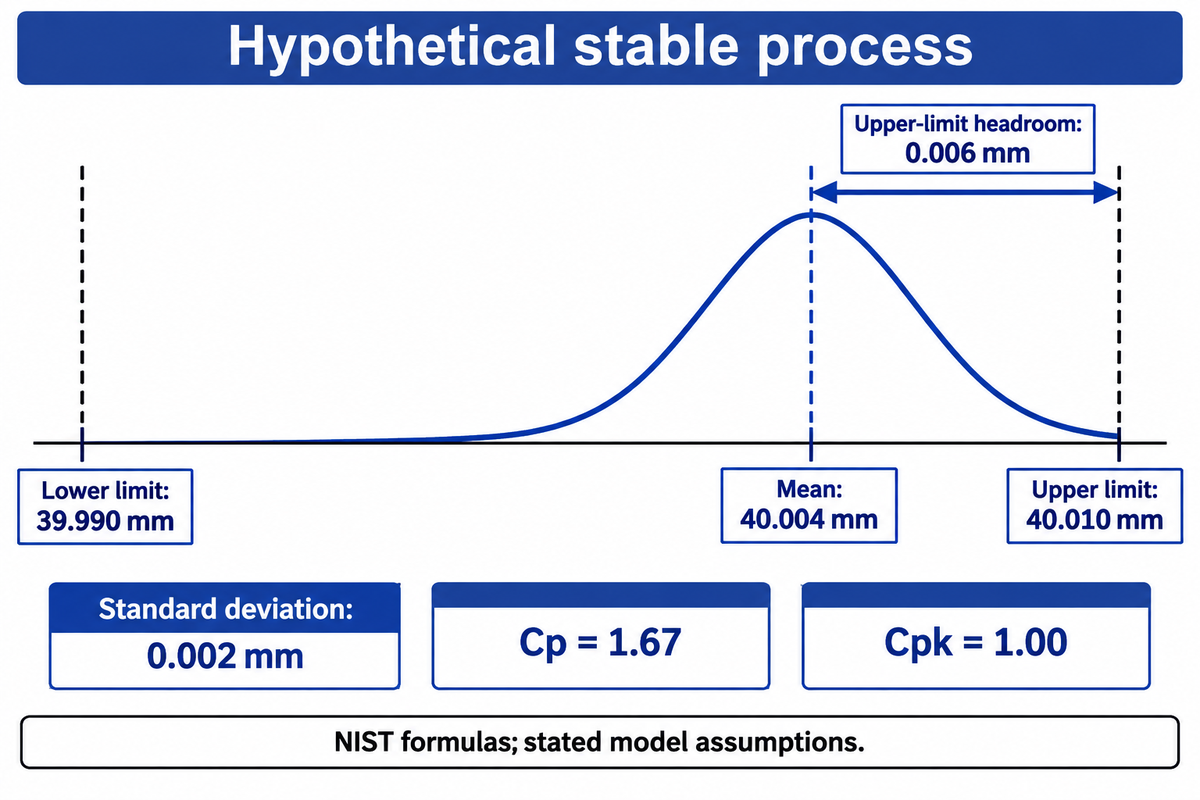 An off-center assumed process has Cp 1.67 and Cpk 1.00; worked example using NIST capability formulas.