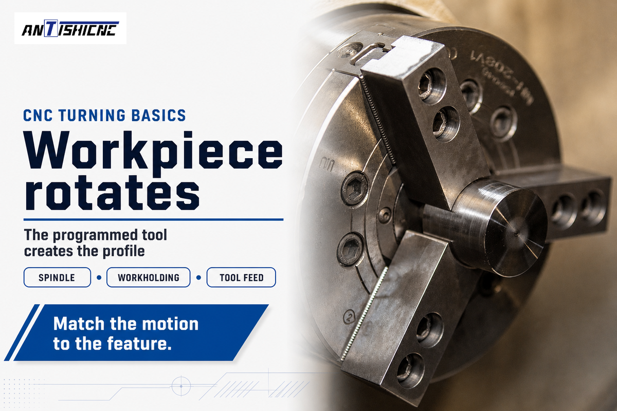 In conventional turning the workpiece rotates while a programmed tool shapes it; Purdue lathe guide.