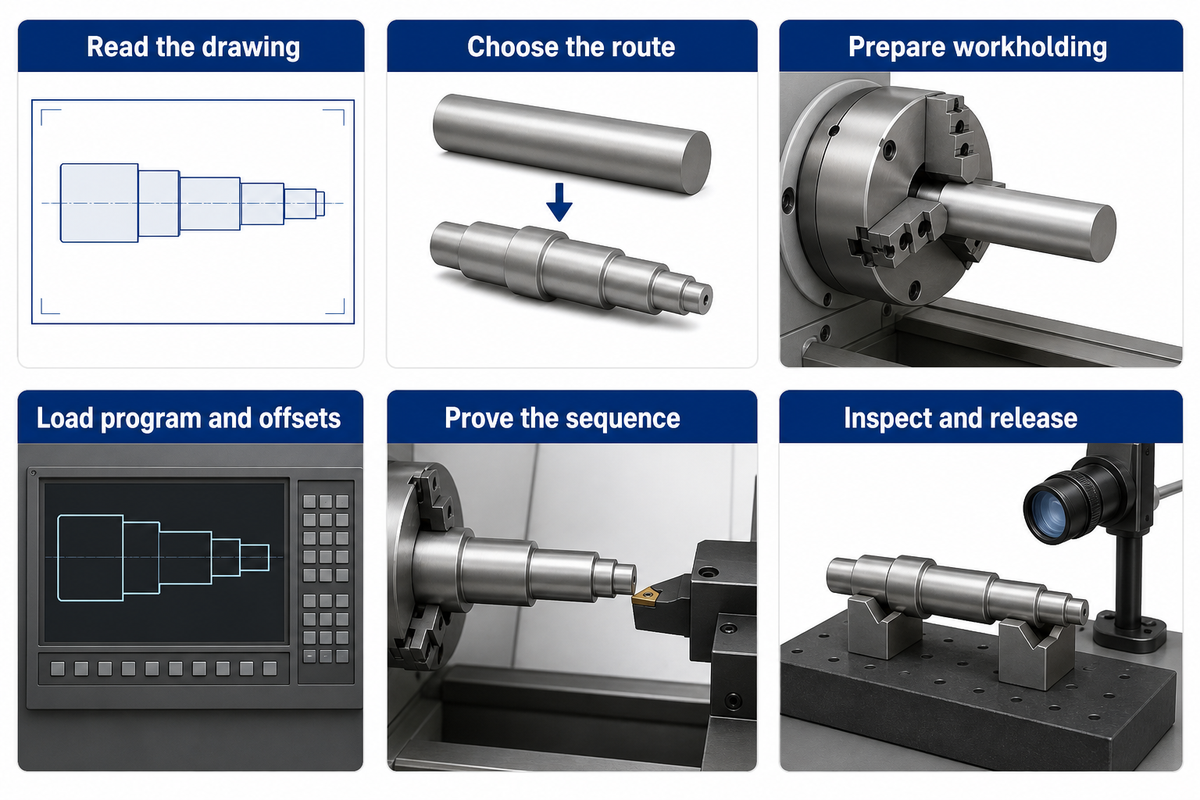 Six steps connect the drawing, route, workholding, program, prove-out and inspection; CNC turning process guide.