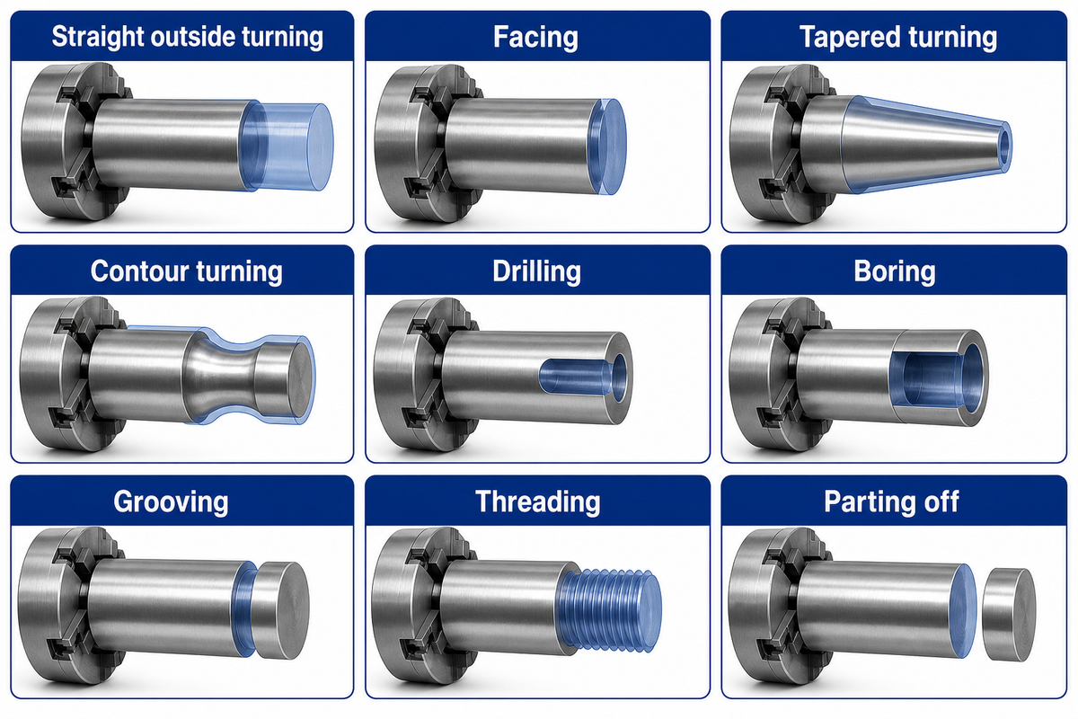 Nine turning operations create different external and internal features; Purdue lathe toolpath guide.