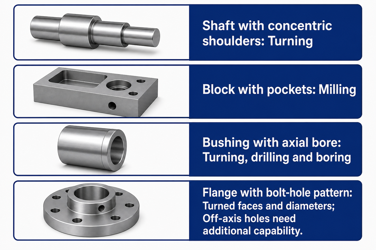 Rotational geometry suits turning; off-axis holes need additional capability; Purdue lathe guide.