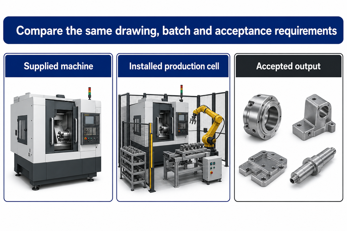 Compare machine, installed cell and accepted output on the same basis; illustrative buyer quote framework.