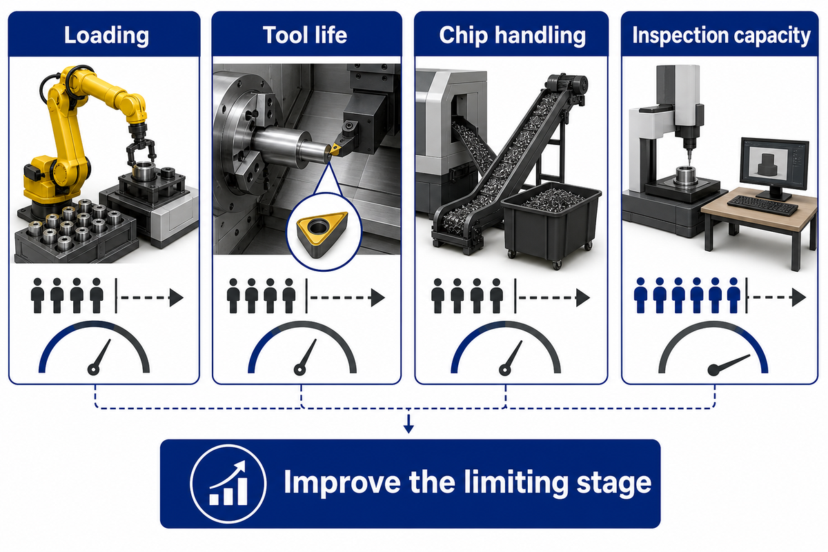 Automation output can be limited by loading, tool life, chips or inspection; Modern Machine Shop case synthesis.